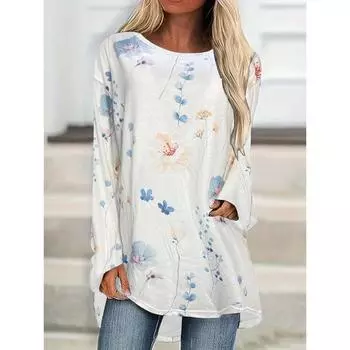 Красота Мода Длинный рукав Печатный топ Круглый вырез Длинный рукав S белый