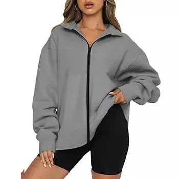 Красота Мода Повседневный Однотонный Топ Толстый Свитшот На Молнии S чёрный