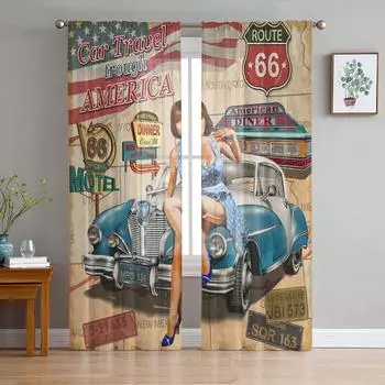 Красота сексуальная девушка автомобиль ретро обработка окна тюль современные прозрачные шторы для кухни гостиная спальня шторы украшение W135 x H114cm