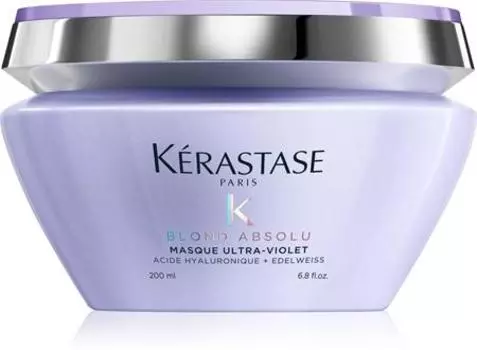 Krastase Blond Absolu Masque Ultra-Violet глубоко ухаживает за прохладными светлыми волосами, подвергшимися обесцвечиванию или балаяжу. TU прозрачный