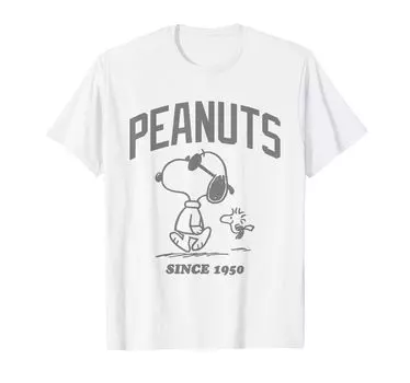 Краткое описание Peanuts Snoopy и его основания в Вудстоке, 1950 г.. Футболка белый