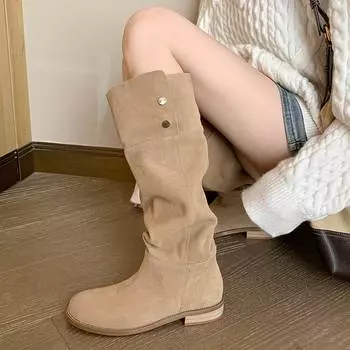 Krazing Pot, 2024 г., осенне-зимняя обувь из коровьей замши, с круглым носком, размер 40, на низком каблуке, без шнуровки, ботинки в стиле вестерн, женские сапоги до бедра с заклепками 34 чёрный