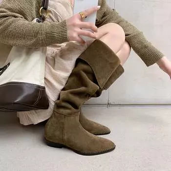 Krazing Pot, 2024 осенне-зимняя обувь из коровьей замши, с круглым носком, размер 40, на низком каблуке, без шнуровки, ботинки в стиле вестерн, женские сапоги до бедра 34 чёрный