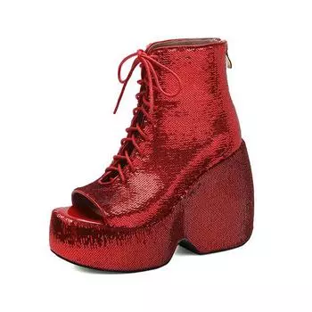 Krazing Pot Блестящая ткань весна лето размер 43 размер 42 женские платформы женские открытый носок сексуальные летние сапоги на шнуровке туфли-лодочки 35
