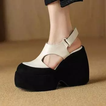 Krazing Pot Большие размеры Натуральная кожа Круглый носок Высокий каблук Платформа Разноцветные женские водонепроницаемые сандалии Размер 41 34 слоновая кость