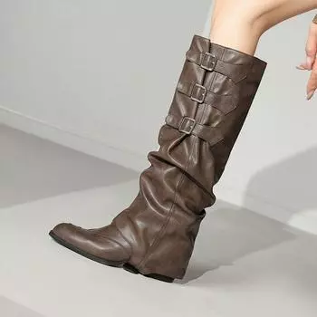 Krazing Pot Осенне-зимняя обувь из коровьей кожи на толстом среднем каблуке, ковбойские сапоги в европейском стиле, сохраняющие тепло высокие сапоги 34 чёрный