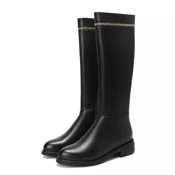 Krazing Pot Cow Leather Autumn Winter Shoes Thick Med Heels Big Size 45 Size 44 zipper decoration Women Keep Warm Knee Boots 34 чёрный