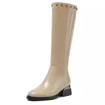 Krazing Pot Cow Leather Autumn Winter Shoes Thick Med Heels Big Size 45 Size 44 Size 46 Rivets Women Keep Warm Knee Boots 34 чёрный