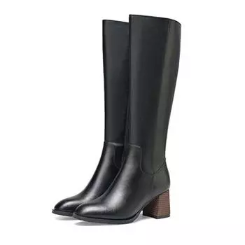 Krazing Pot Cow Leather Autumn Winter Shoes Thick High Heels Big Size 34-size 46 Zipper Decoration Concise Style Women Keep Warm Knee Boots 34 чёрный