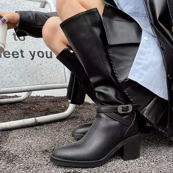Krazing Pot Cow Leather Full Grain Leather Autumn Winter Shoes Chunky Heels Big Size 46 Leather Metal Buckle Women Keep Warm Thigh High Boots 34