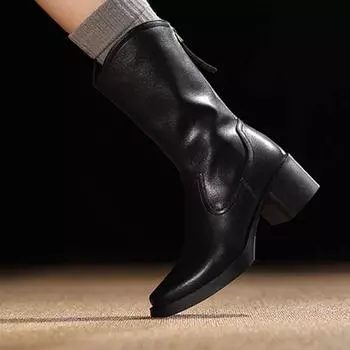 Krazing Pot Зимние сапоги из коровьей кожи с круглым носком и средним каблуком, модные женские сапоги на молнии в стиле ретро, элегантные женские сапоги до середины икры 34 чёрный