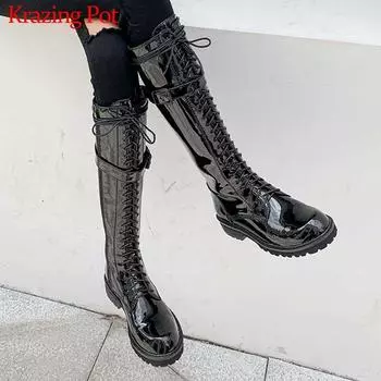 Krazing Pot Cow Patent Leather Cross-tied Round Toe Rock Singer Equestrian Long Boots Big Size Platform Warm Thigh High Boots 4