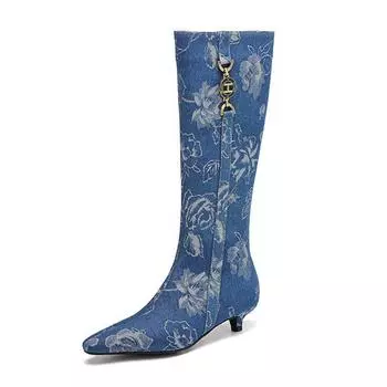 Krazing Pot Cow Skin Denim Осенне-зимняя обувь Модные ботинки Острый носок Сохраняет тепло Молния Шпильки Средний каблук Высокие сапоги 34 синий