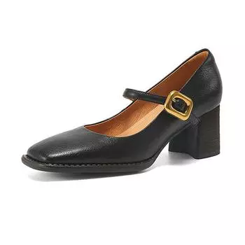 Krazing Pot Cow Skin Fashion Summer Spring Autumn Thick High Heels Metal Buckle Women European Design Square Toe Pumps 35 чёрный