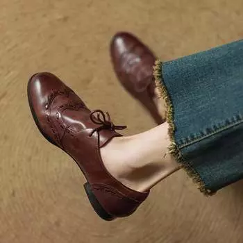 Krazing Pot Cow Skin Fashion Весна Осень Низкие Каблуки Зашнуровать Оксфорды Туфли Женские Круглые Носки Туфли-броги для отдыха 35 коричневый