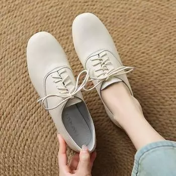 Krazing Pot Cow Skin Fashion Весна Осень Низкие Каблуки Шнуровка Женские Туфли Феи Круглый Носок Туфли Для Отдыха На Каблуках 35 чёрный