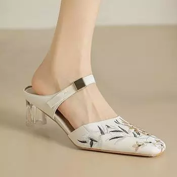Krazing Pot Cow Skin Mules Embroideryl Flowers Spring Summer Size 40 Med Heels Women Square Toe Shallow Pumps 35 слоновая кость