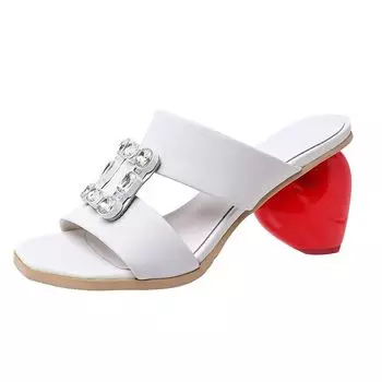 Krazing Pot Cow Skin Mules Peep Toe Flip Flops Crystal Bukle High Heels Summer Shoes Size 43 Women Luxury Sandals