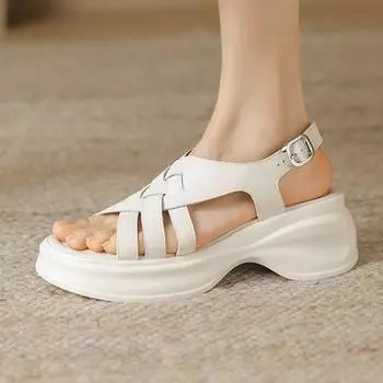 Летние туфли Krazing Pot Cow Skin Peep Toe на толстом высоком каблуке и платформе с пряжкой и плетением Strpas. Повседневные водонепроницаемые женские сандалии. 34 слоновая кость