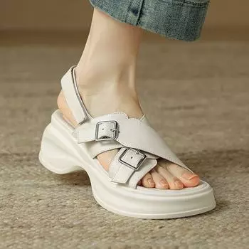 Krazing Pot Летняя обувь из коровьей кожи с открытым носком на толстом высоком каблуке и платформе, водонепроницаемые женские сандалии с пряжкой и ремешком 34 слоновая кость