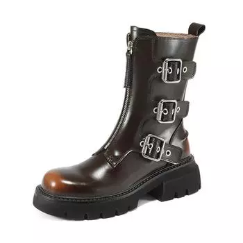 Krazing Pot Cow Skin Round Toe Зимние Мотоциклетные Ботинки Женские Ботильоны в Стиле Рок Винтаж Металлические Застежки 34 чёрный