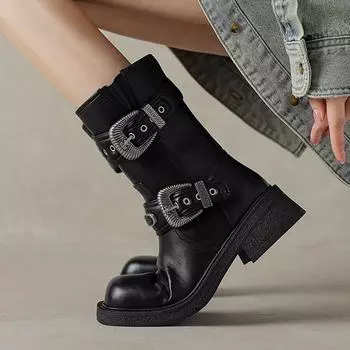 Krazing Pot Зимние ботинки из коровьей кожи с квадратным носком и средним каблуком, современные ковбойские ботинки для женщин в стиле рок, винтажные ботильоны с металлическими застежками 34 чёрный