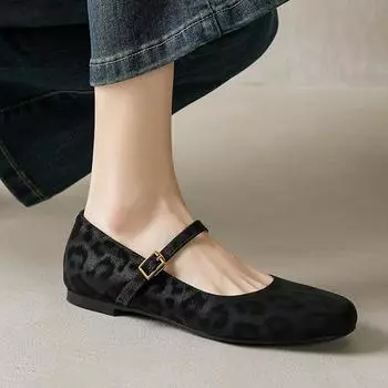 Krazing Pot Cow Skin Summer Spring Autumn Winter Flats Buckle Straps Leopard Women Keep Warm Round Toe Mary Janes Shallow Shoes 35 серый