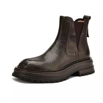 Krazing Pot Cow Skin Winter Round Toe Chunky Heels Fashion Chelsea Boots Women Slip on Platform Ankle Boots 34 чёрный