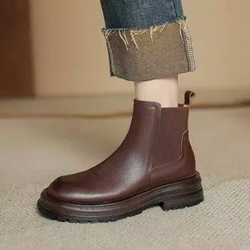 Krazing Pot Cow Skin Winter Round Toe Chunky Heels Fashion Motorcycle Boots Women Slip on Platform Ankle Boots 34 чёрный