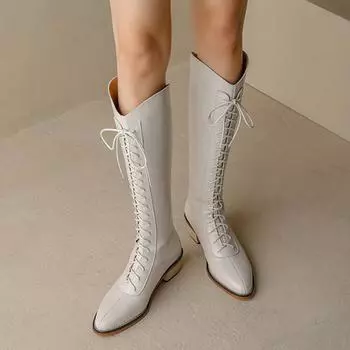 Krazing Pot коровья кожа спилковая обувь осень-зима на среднем каблуке сапоги для верховой езды с острым носком сохраняют тепло высокие сапоги на шнуровке 34 чёрный