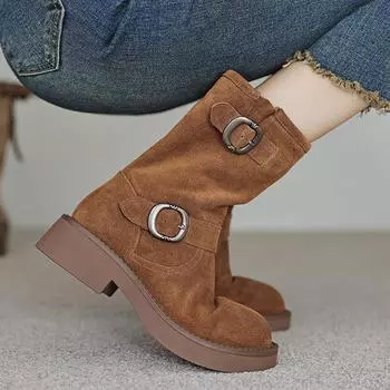 Krazing Pot Cow Suede Nubuck Осенне-зимние туфли на толстом каблуке Мотоциклетные ботинки с круглым носком Сохраняют тепло Сапоги до середины голени с металлической пряжкой-молнией 34 чёрный