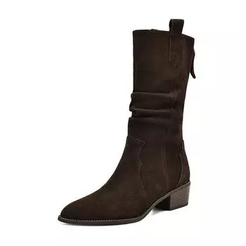 Krazing Pot Cow Suede Nubuck Winter Round Toe Med Heels Boots Women Slip on Pleated Retro Elegant Women Mid-calf Boots 34 чёрный