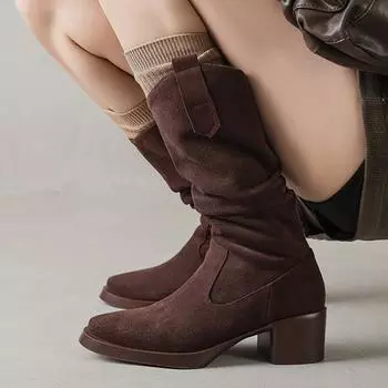 Krazing Pot Зимние сапоги из коровьей замши и нубука с круглым носком и средним каблуком, модные женские сапоги без застежек, плиссированные, в стиле ретро, элегантные женские сапоги до середины икры 34 чёрный