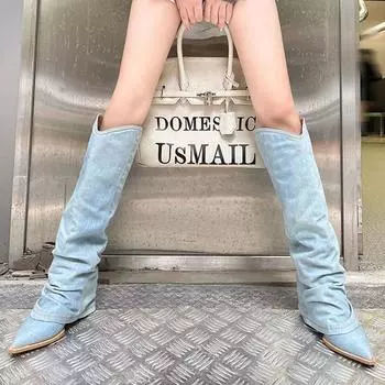 Krazing Pot Denim Autumn Winter Shoes Pointed Toe Big Size 40 Thick High Heels Slip on Western Boots Women Thigh High Boots 34 синий