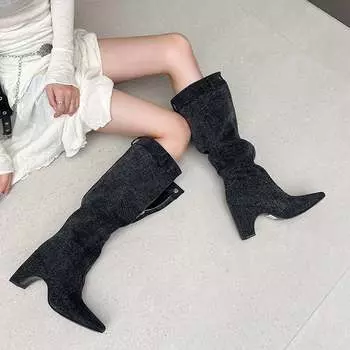 Krazing Pot Denim Autumn Winter Shoes Square Toe Big Size 42 Thick High Heels Slip on Boots Women Belt Buckle Thigh High Boots 34 синий