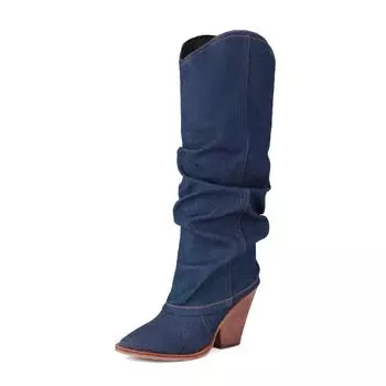 Krazing Pot Denim Autumn Winter Shoes Super High Heels European Design Pleated Decoration Keep Warm Thigh High Boots