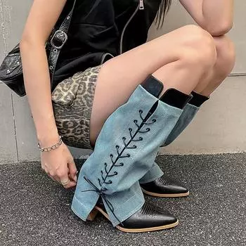 Krazing Pot Denim Microfiber Winter Shoes Pointed Toe Big Size 40 Thick High Heels Cross-tied Women Thigh High Boots 34 чёрный