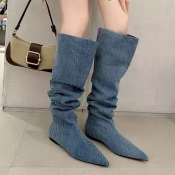 Krazing Pot Джинсовая осенне-зимняя обувь с острым носком на толстом низком каблуке и молнии Сапоги в стиле вестерн Женские высокие сапоги до бедра в стиле панк 34 синий