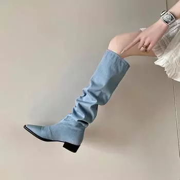 Krazing Pot Джинсовая осенне-зимняя обувь с круглым носком на толстом среднем каблуке без шнуровки, плиссированные сапоги с украшением в стиле вестерн, женские сапоги до бедра 34 синий