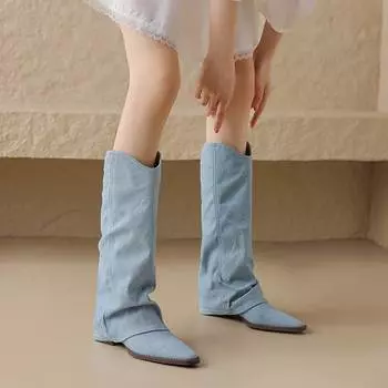 Krazing Pot Джинсовая осенне-зимняя обувь с квадратным носком в странном стиле, большой размер 42, ботинки в стиле вестерн на толстом среднем каблуке без шнуровки, женские сапоги до бедра 34 темно-синий