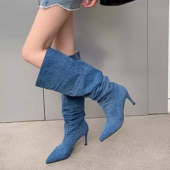 Krazing Pot Джинсовая осенне-зимняя обувь с острым носком на шпильке, на тонком высоком каблуке, без шнуровки, ботинки в стиле вестерн, женские высокие сапоги до бедра 34 синий