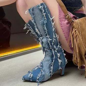 Krazing Pot Джинсовые осенне-зимние туфли с кисточками и острым носком, большой размер 42, на шпильках, тонкие высокие каблуки, женские сапоги до бедра 34 синий