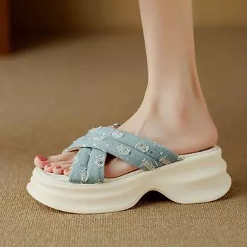 Krazing Pot Джинсовые женские сандалии для отдыха на толстом каблуке с открытым носком, летние украшения на платформе 34 синий
