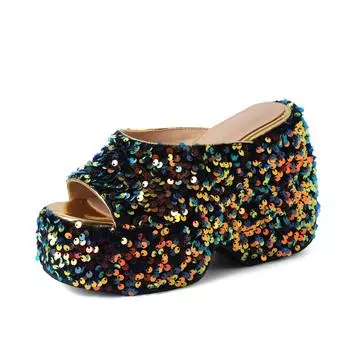 Krazing Pot Fashion Mules Bling Spring Summer Size 43 Size 42 Sequin Cloth Summer Women Platform Women Peep Toe Slip on Sandals 35