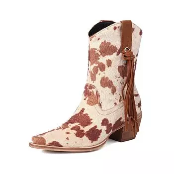 Обувь Krazing Pot Faux Fur Осень-зима Толстые высокие каблуки Ковбойские сапоги Леопардовый узор Европейский стиль Теплые ботильоны 34