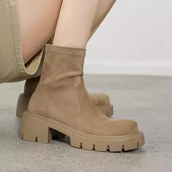 Krazing Pot Flock Round Toe Зимние толстые каблуки Современные короткие женские ботинки на платформе 42 размера Эластичные ботильоны 34 чёрный