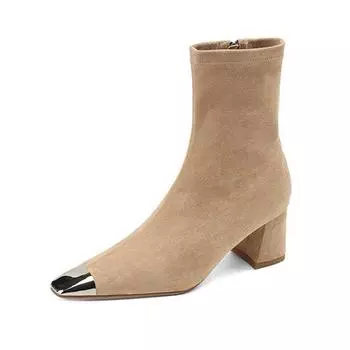 Krazing Pot Flock Square Toe Зимние толстые высокие каблуки Модные женские элегантные эластичные ботильоны в стиле пэчворк 34 чёрный