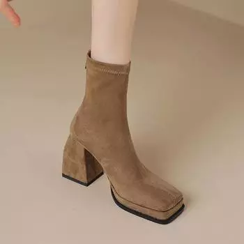 Krazing Pot флоковые зимние женские ботильоны на очень высоком каблуке с квадратным носком, современные модные эластичные ботинки на молнии