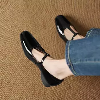 Krazing Pot Full Grain Leather Spring Summer Size 43 Size 42 Size 41 Thick Med Heels Women Square Toe Sexy Lady Pumps 35 чёрный