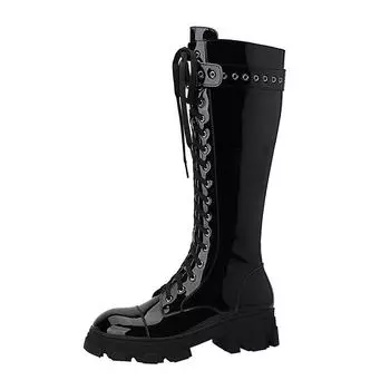 Krazing Pot Обувь из натуральной кожи осень-зима Сапоги для верховой езды на толстом каблуке с круглым носком Сохраняют тепло Сапоги до середины голени со шнуровкой и металлическими заклепками 34